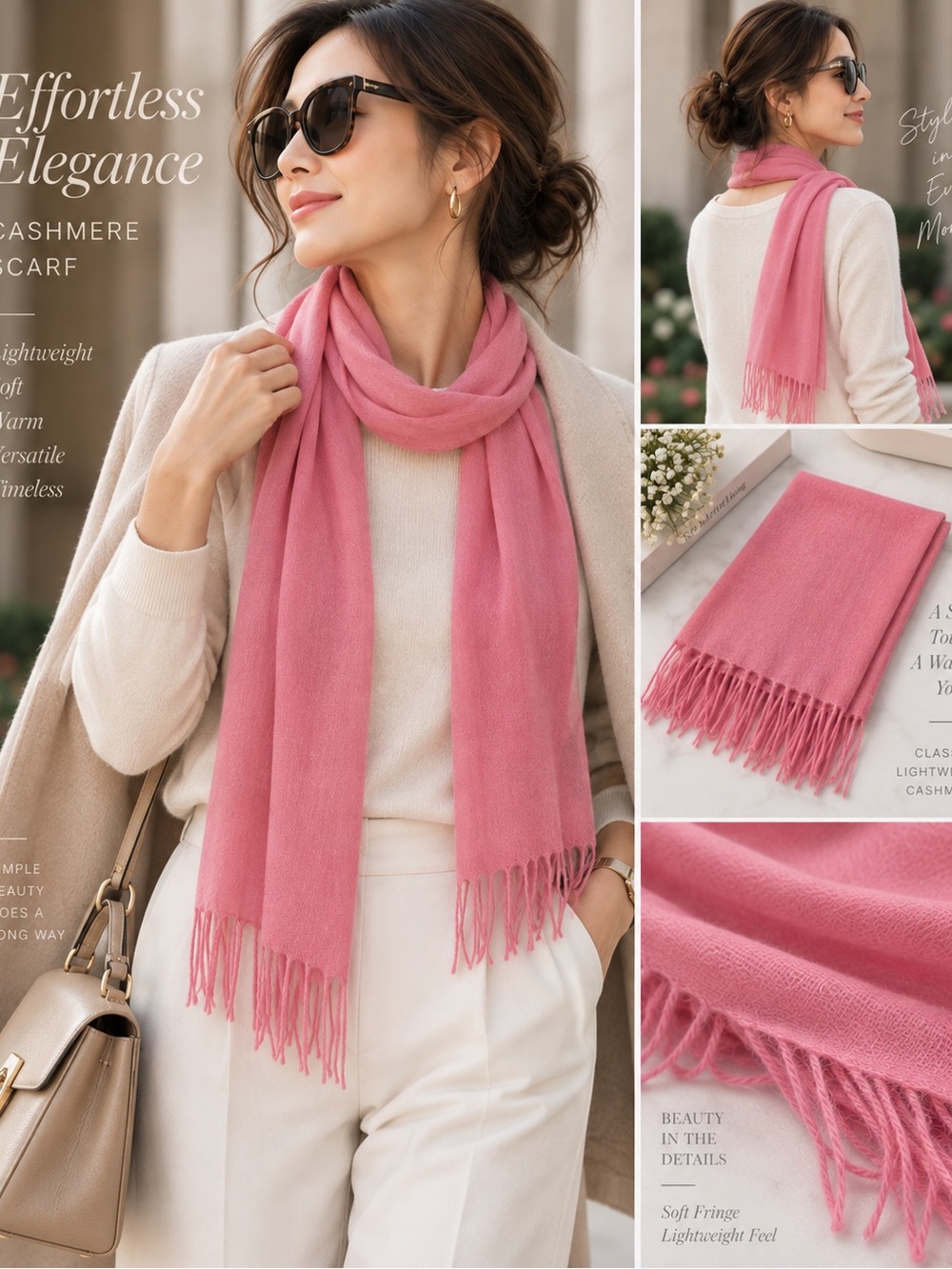 Soft Pink Cashmere Scarf Fringe Ultra Soft Warm Luxury